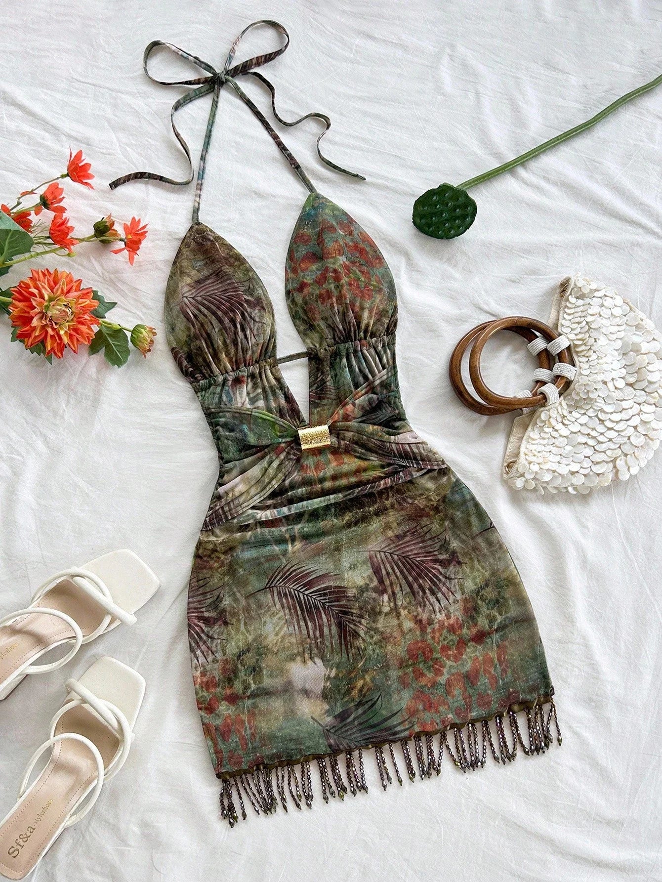 Tropical Print Halter Mini Dress with Tassel Detail Bohemian Vacation Style