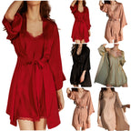 Classic Two-Piece Satin-Finish Slip Dress and Wrap Robe Set with Delicate Lace Accents