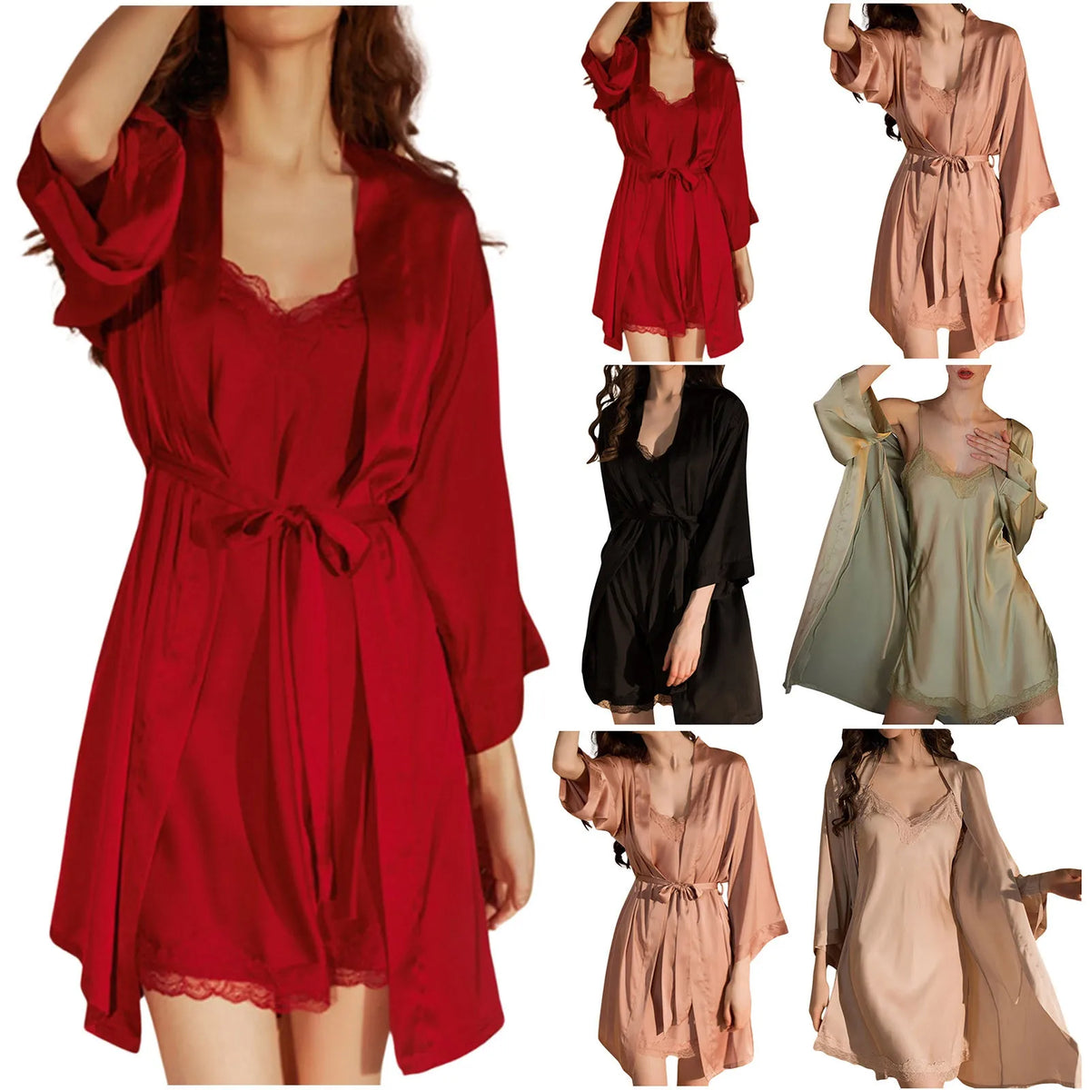 Classic Two-Piece Satin-Finish Slip Dress and Wrap Robe Set with Delicate Lace Accents