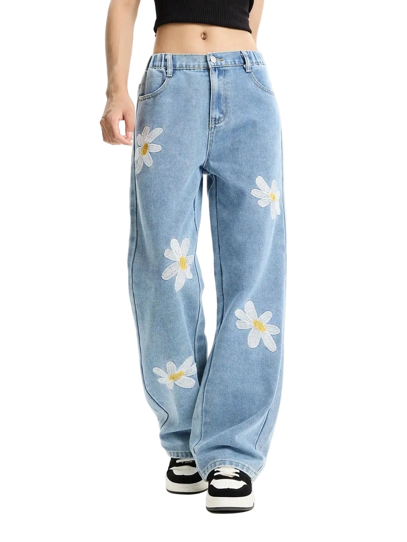 Women's Mid-Rise Loose Straight Leg Floral Embroidered Wide-Leg Denim Jeans for Casual Streetwear
