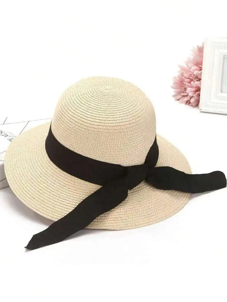 Foldable Wide Brim Straw Sun Hat with Decorative Bow for Beach and Vacation Wear