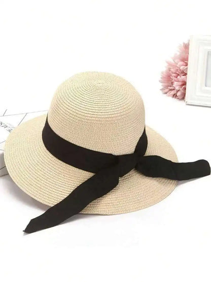 Foldable Wide Brim Straw Sun Hat with Decorative Bow for Beach and Vacation Wear