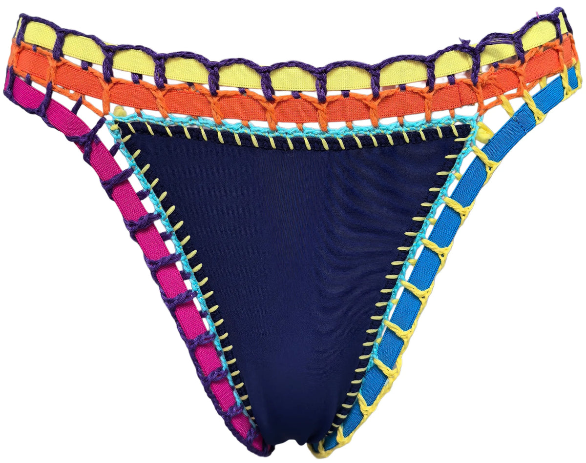 Deep Navy Scoop Neck Bikini Set with Vibrant Contrast Crochet Edging