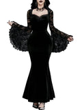 Velvet Gothic Mermaid Dress with Lace Sleeves and Dark Elegance