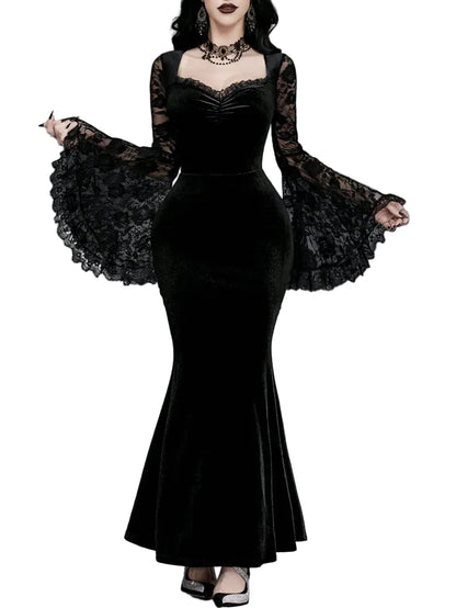 Velvet Gothic Mermaid Dress with Lace Sleeves and Dark Elegance