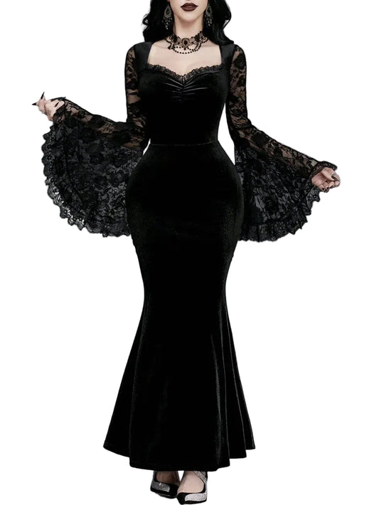 Velvet Gothic Mermaid Dress with Lace Sleeves and Dark Elegance