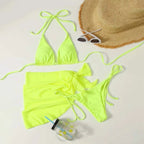 Navy Blue Three-Piece Triangle Bikini Set with Lace-Up Halter Top, Matching Bottom and Coordinated Wrap Skirt