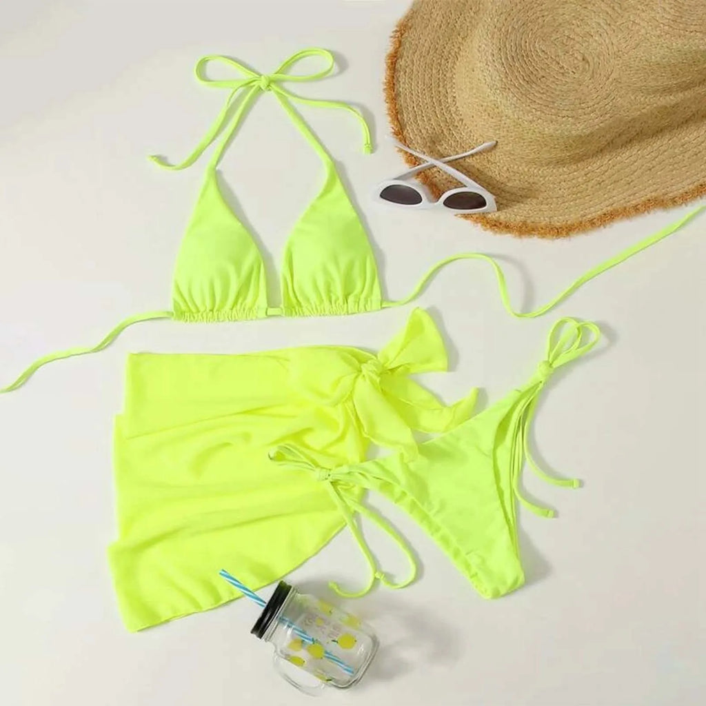 Navy Blue Three-Piece Triangle Bikini Set with Matching Tie Sarong