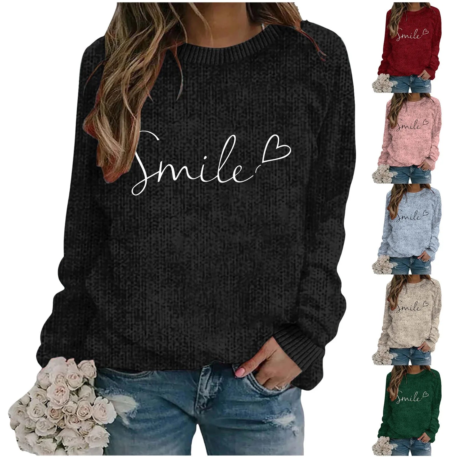 Women's Minimalist Script Graphic Crew Neck Relaxed Knit Pullover Sweater