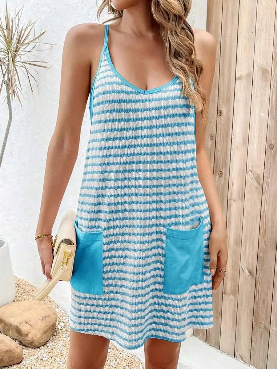 Striped Sleeveless Mini Dress with Front Pockets Casual Summer Style