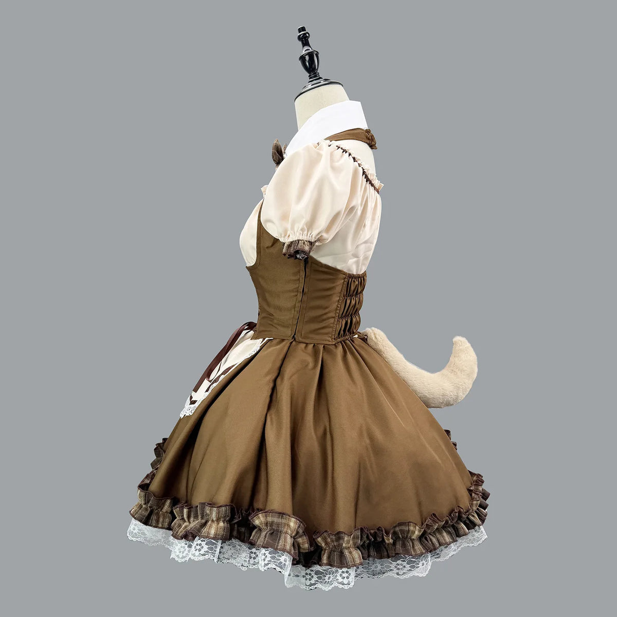 Earth-Toned Bear Maid Cosplay Dress with Corset Lacing, Plaid Bow, and Ear Headband