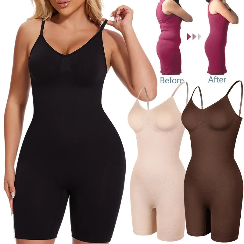 Seamless-Looking V-Neck Bodysuit with Adjustable Straps and Mid-Thigh Coverage