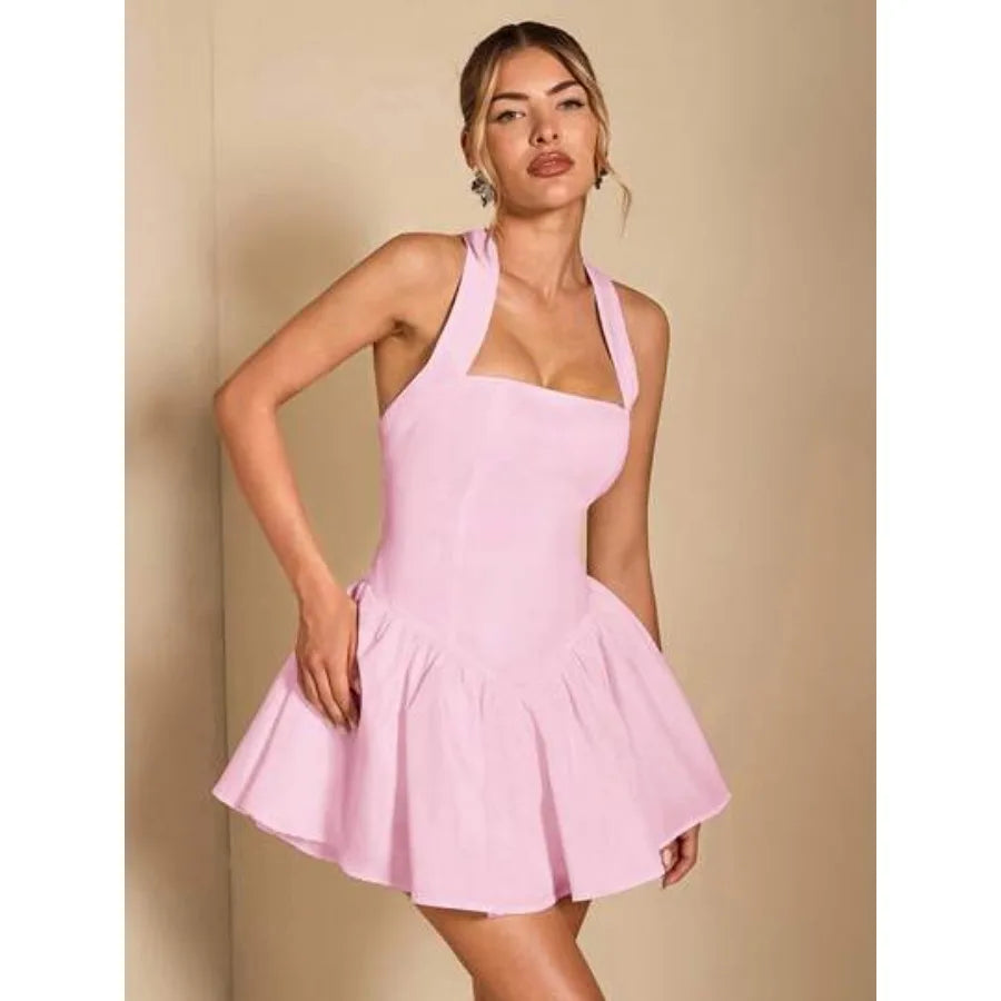 Halter Neck Fit and Flare Mini Dress with Open Back Feminine Party Silhouette