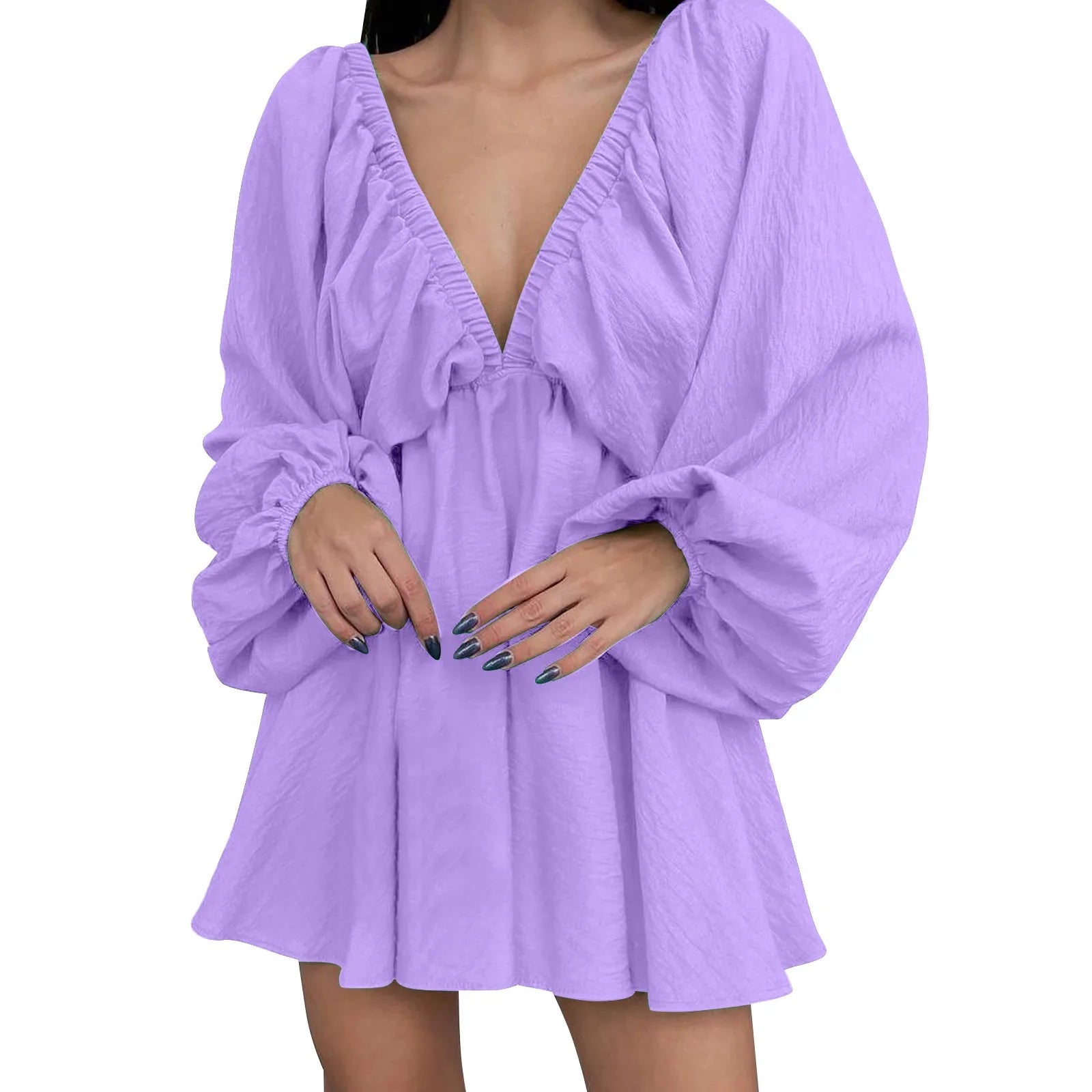 Deep V Neck Pleated Maxi Dress with Flowing Long Sleeves
