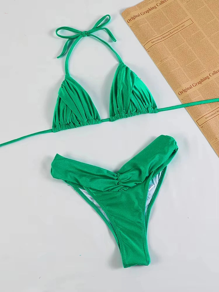 Solid Black Ruched Triangle String Bikini with Gathered Detailing