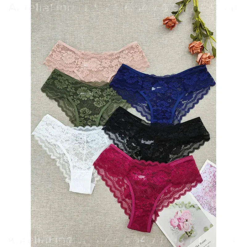 6-Piece Women’s Sheer Lace-Style Bikini Briefs Set with Solid Colors, Floral-Inspired Texture and Delicate Feminine Finish