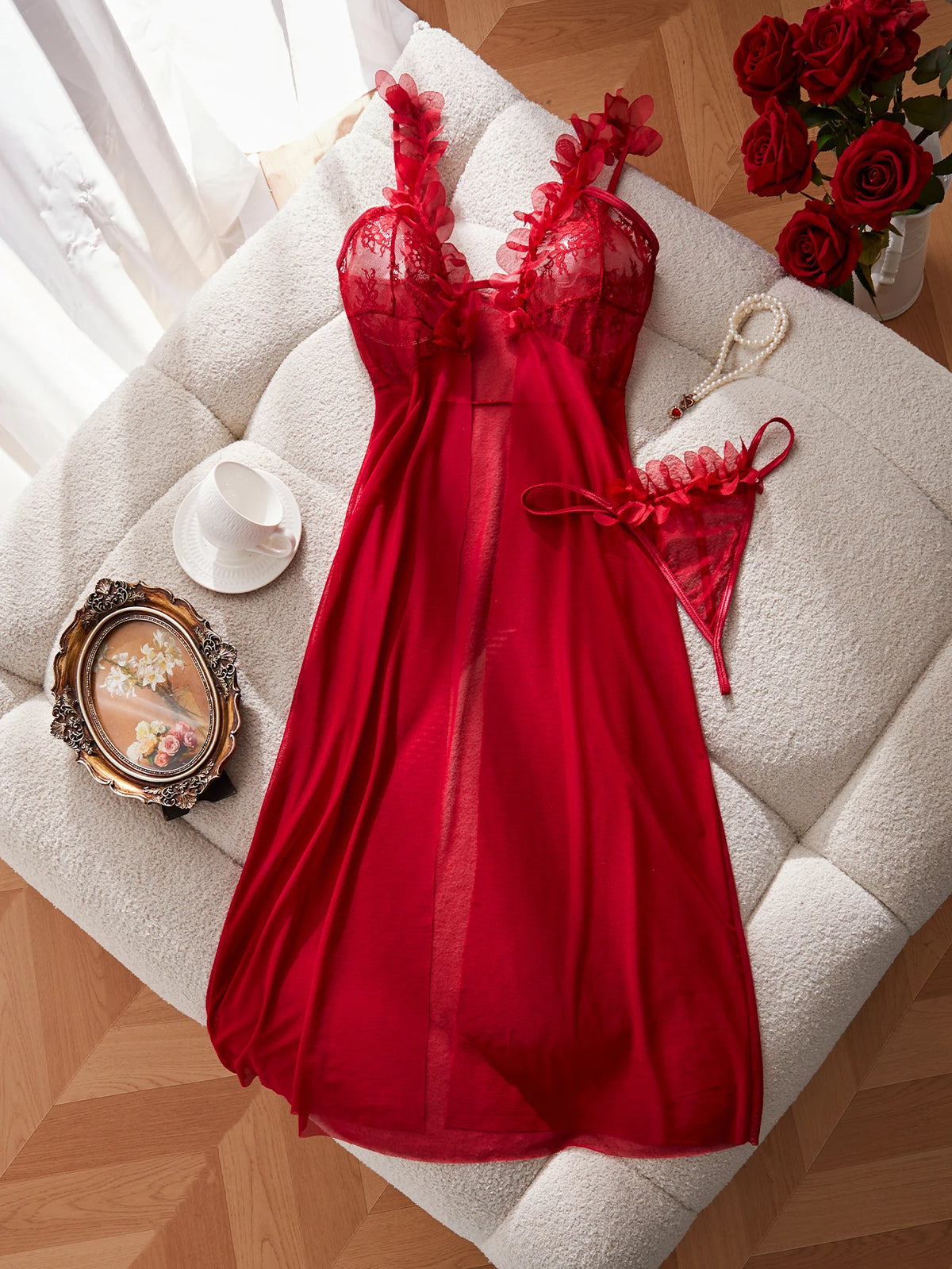 Dramatic Red Sheer Mesh Maxi Nightgown Set with Ruffled Neckline