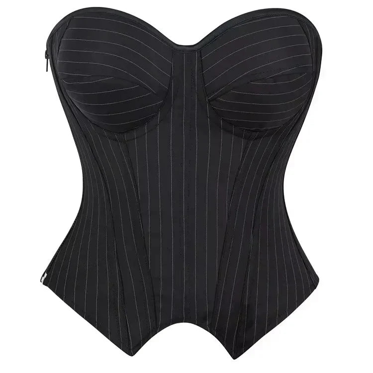 Tailored Black Pinstripe Overbust Corset with Structured Sweetheart Bodice