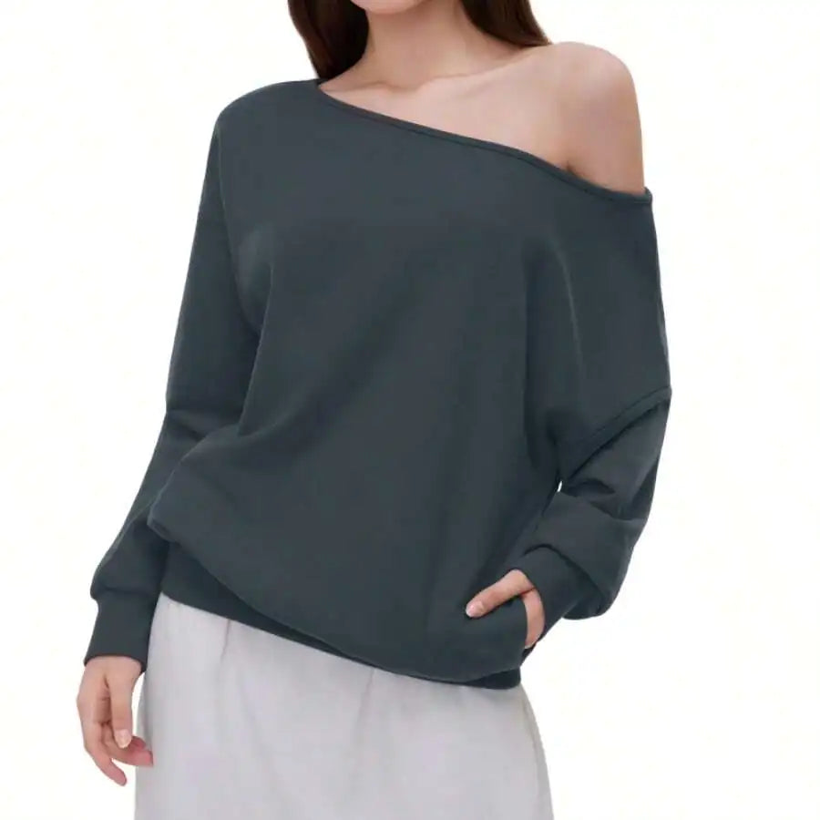 Off-Shoulder Relaxed Fit Knit Pullover Sweater with Long Sleeves and Side Pocket