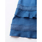 Flowing Blue V-Neck Mini Dress with Tiered Ruffles and Delicate Embroidery Details