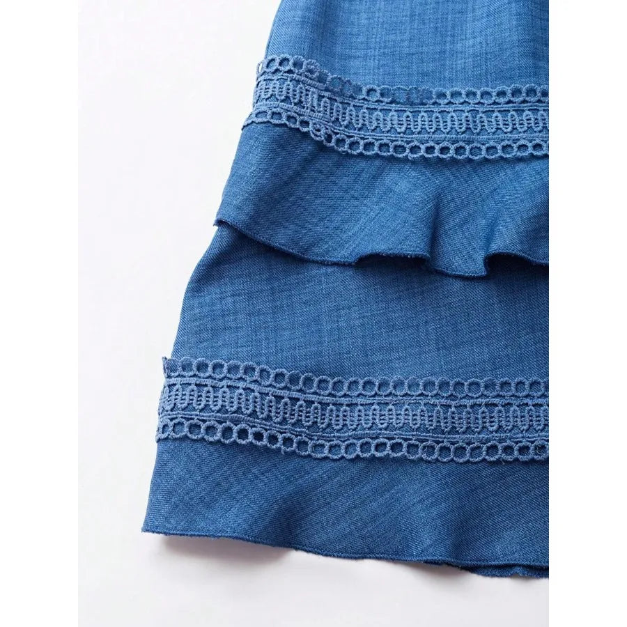Flowing Blue V-Neck Mini Dress with Tiered Ruffles and Delicate Embroidery Details