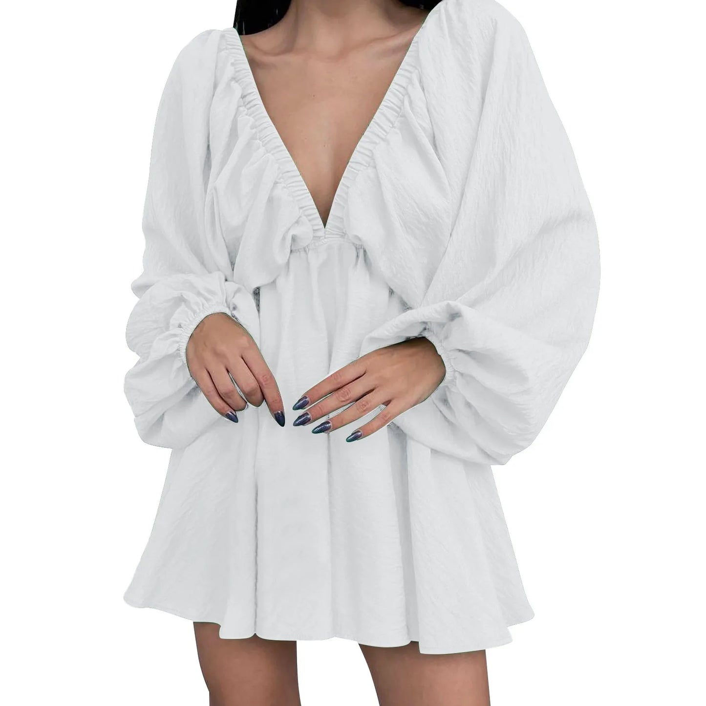 Deep V Neck Pleated Maxi Dress with Flowing Long Sleeves