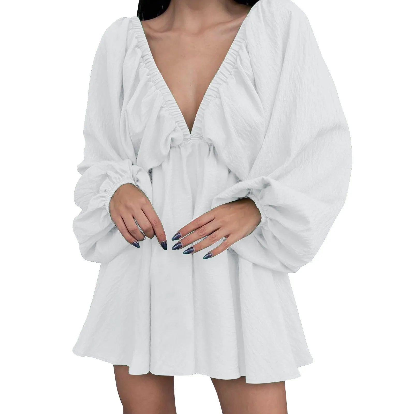 Deep V Neck Pleated Maxi Dress with Flowing Long Sleeves