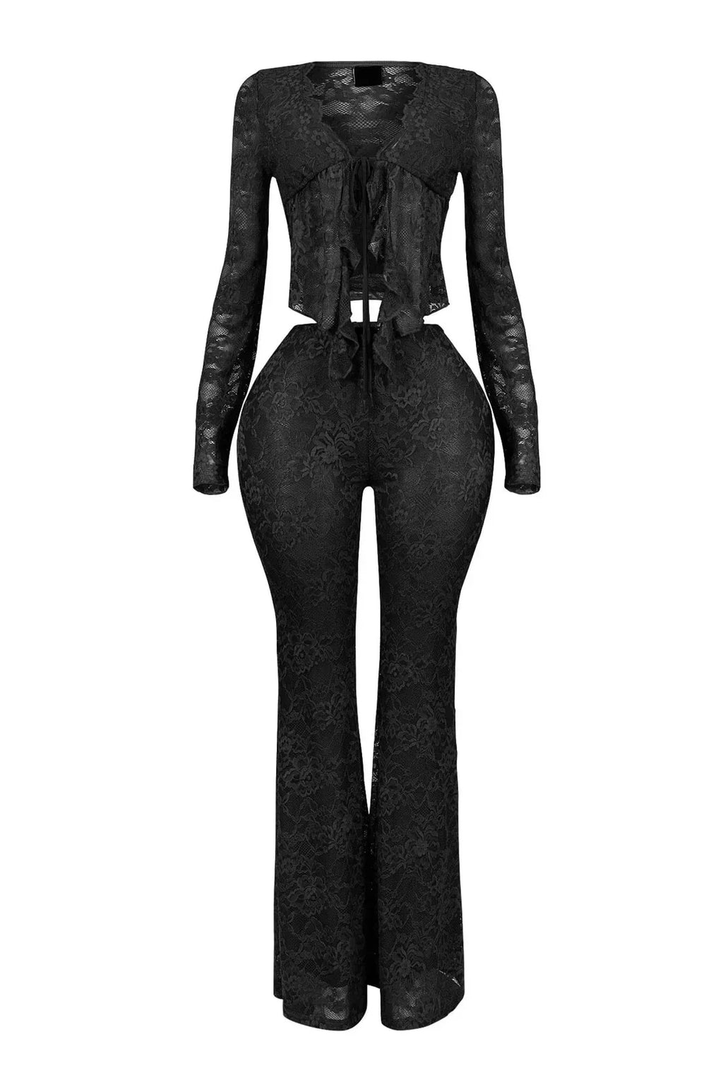 Women's Sheer Lace Shirt and Flare Pants Co-Ord Set