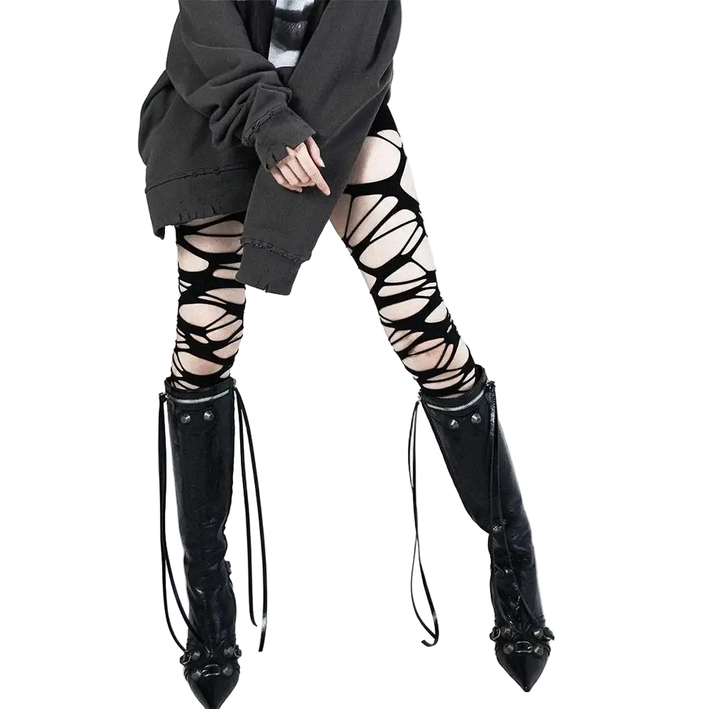 Ripped High Waist Fishnet Tights Punk Y2K Alternative Fashion Hosiery