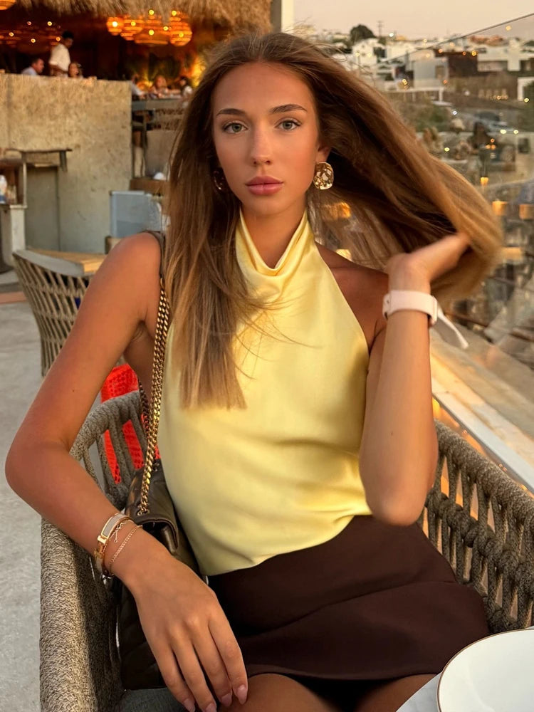 Draped Halter Sleeveless Tank Top with Relaxed Fit Contemporary Streetwear Design