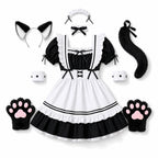 Complete Black and White Fox Maid Cosplay Set with Plush Paws, Tail, and Ear Headband