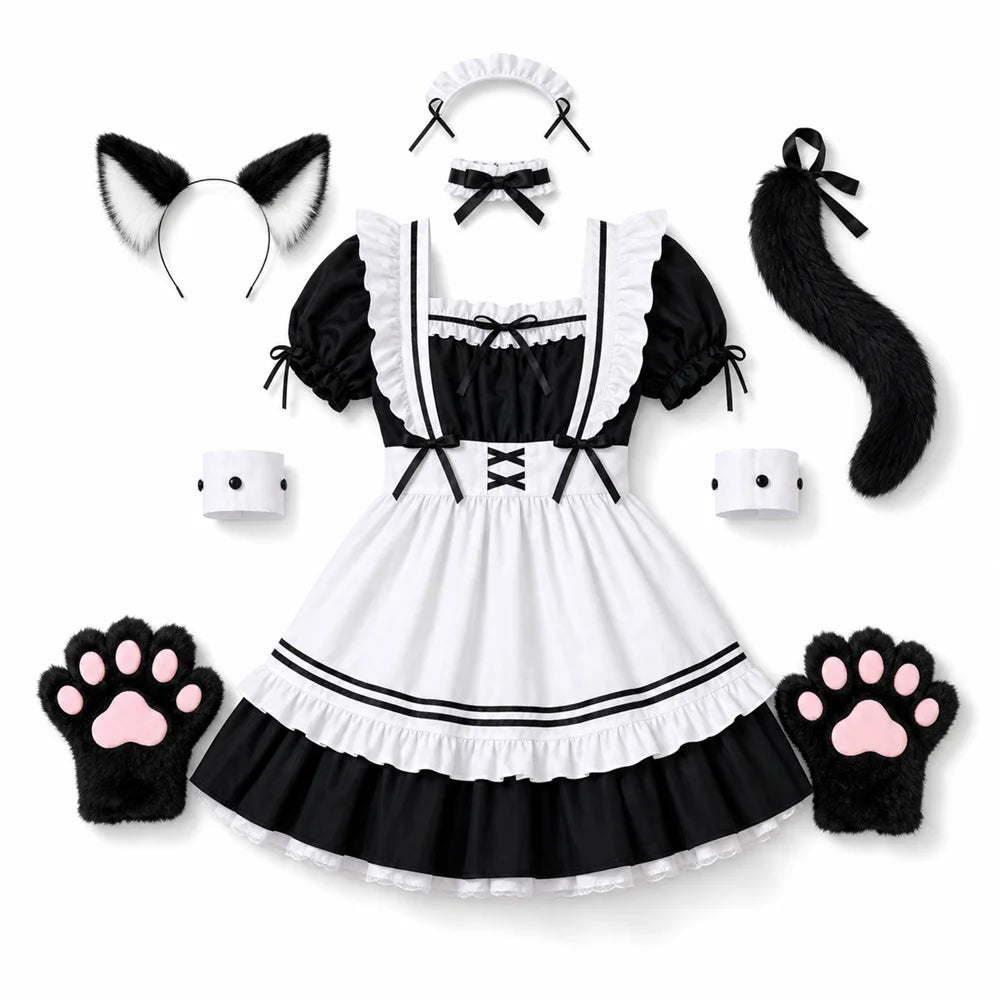 Complete Black and White Fox Maid Cosplay Set with Plush Paws, Tail, and Ear Headband