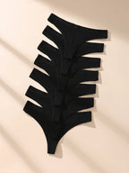 7-Piece Women’s Cotton Low-Rise Thong Panties Set with Striped Side Details, Minimal T-Back Silhouette and Assorted Black Designs