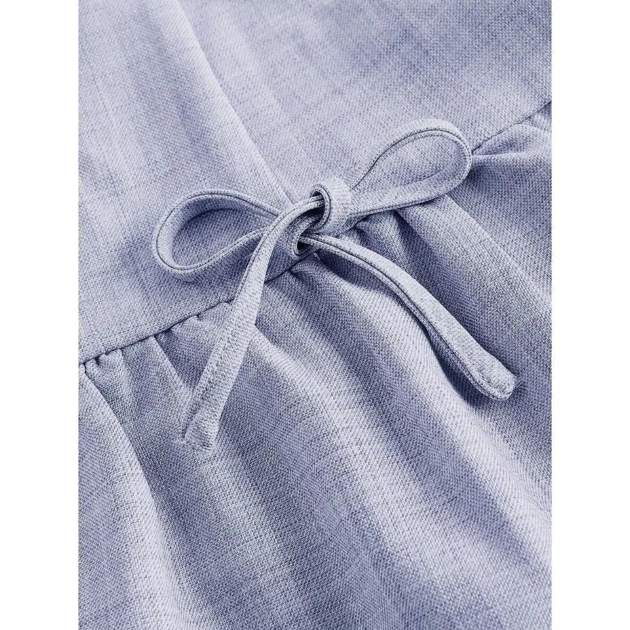 Button Front Mini Dress with Bow Detail and Flared Hem Silhouette