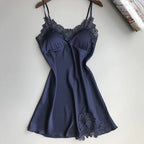 Women's Satin-Look Mini Nightgown with V-Neck and Lace Trim, Sleeveless Slip Dress, Delicate Summer Sleepwear