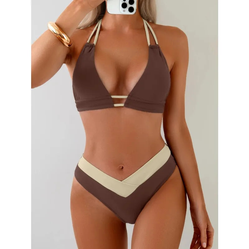 Earthy Brown Color-Block Triangle Bikini with V-Shaped Waistline