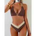 Earthy Brown Color-Block Triangle Bikini with V-Shaped Waistline
