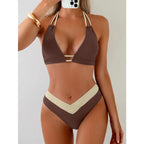 Earthy Brown Color-Block Triangle Bikini with V-Shaped Waistline