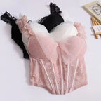 Soft Pink Floral Lace Bustier Tank Top with Ruffled Straps and Center Bow