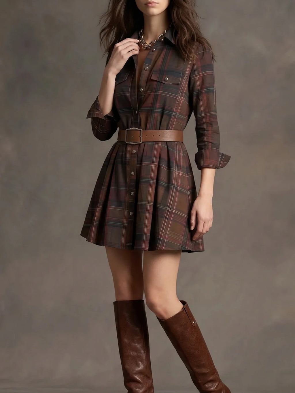 Classic Brown Plaid Long-Sleeve Shirt Dress with Pleated Mini Skirt