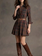 Classic Brown Plaid Long-Sleeve Shirt Dress with Pleated Mini Skirt