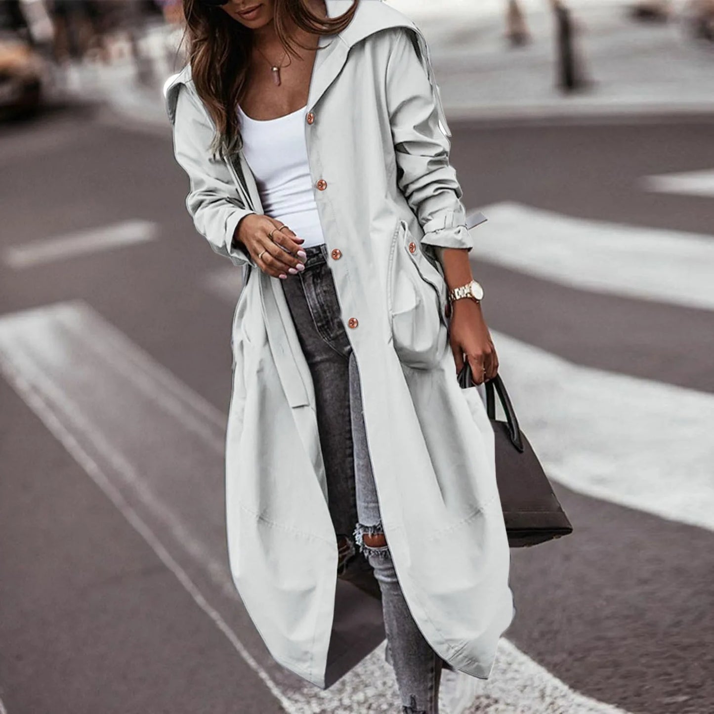 Women's Oversized Hooded Longline Trench Coat with Button Front Casual Streetwear Outerwear