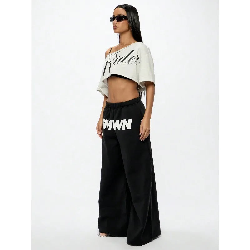 Women's Asymmetric Off Shoulder Graphic Crop T-Shirt for Modern Streetwear and Casual Everyday Style