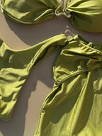 Solid Olive Green Bandeau Halter Bikini with Metallic Center Hardware