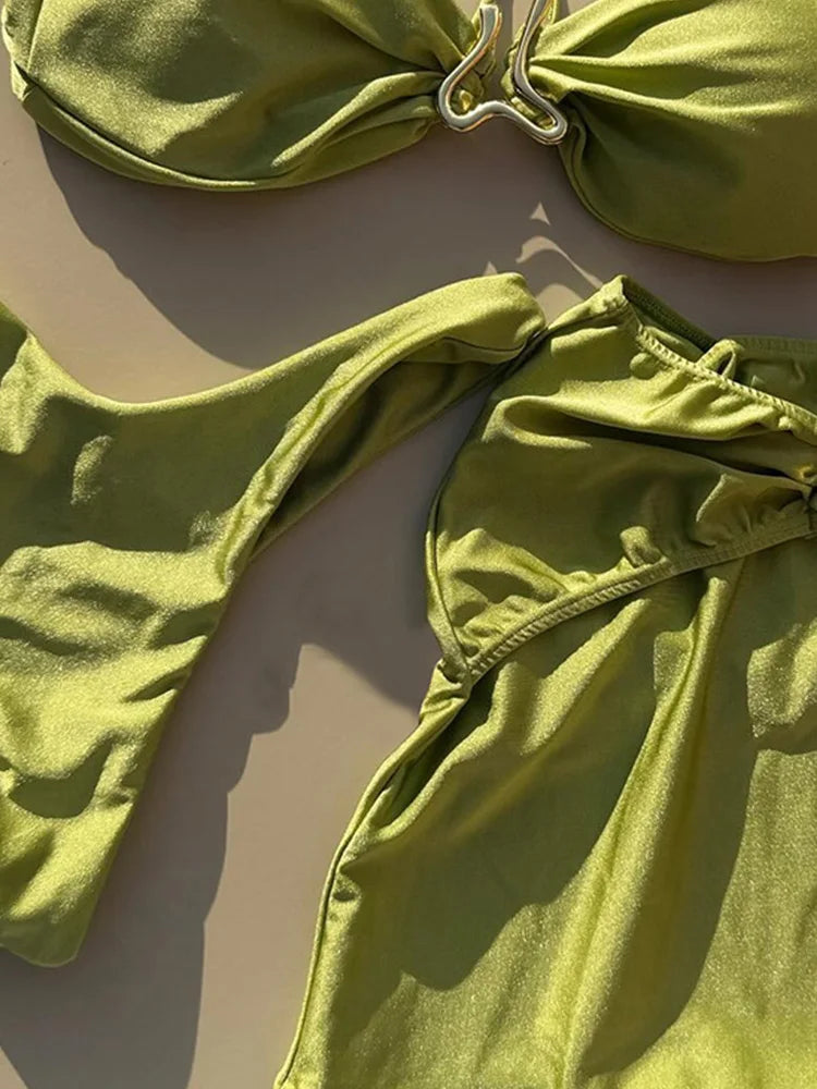 Solid Olive Green Bandeau Halter Bikini with Metallic Center Hardware
