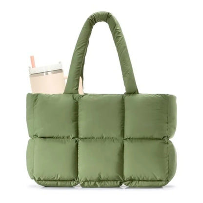 Large Quilted Puffer Tote Shoulder Bag with Utility Storage Compartments