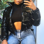 Women's Gloss Finish Puffer Bomber Jacket with Stand Collar Contemporary Streetwear Outerwear