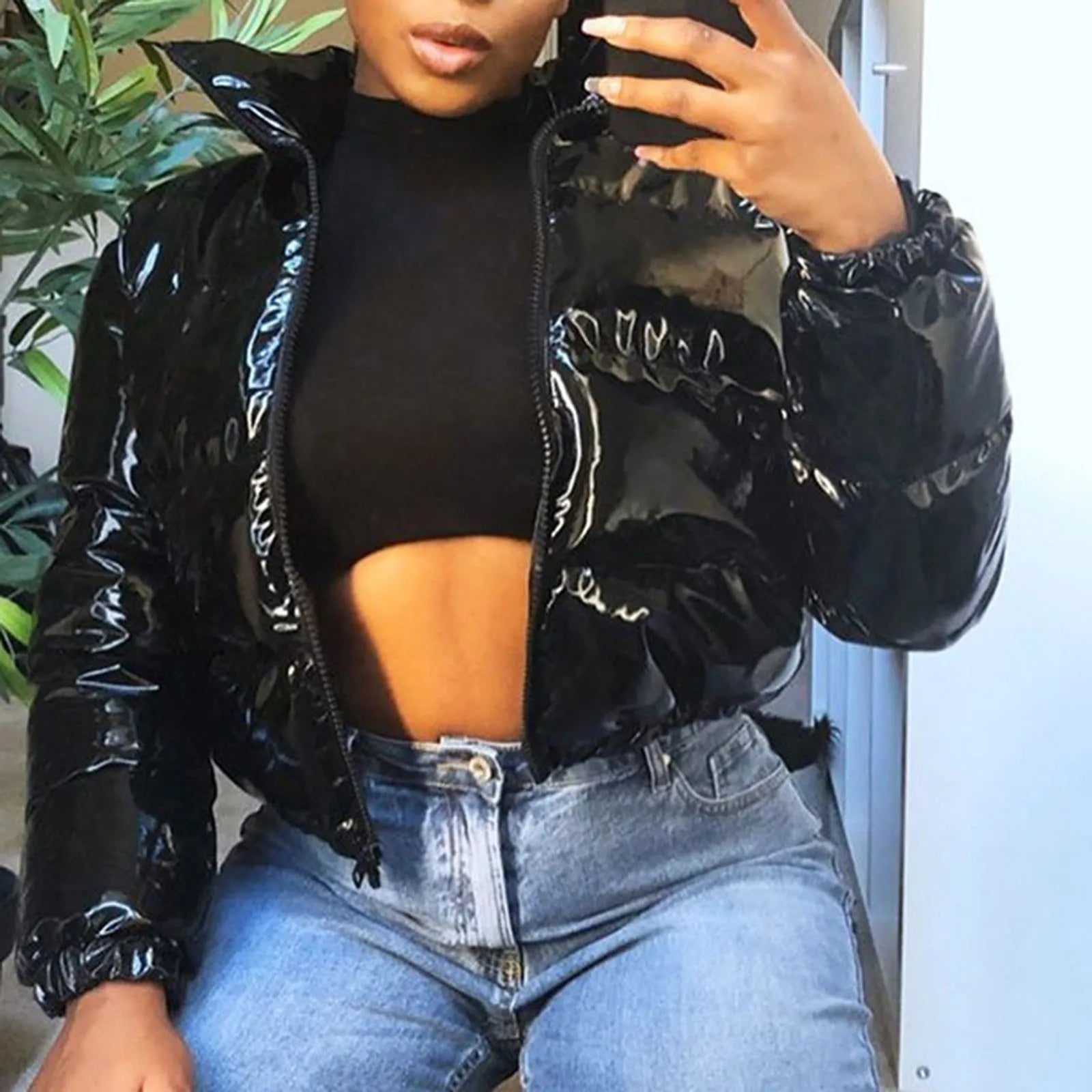 Women's Gloss Finish Puffer Bomber Jacket with Stand Collar Contemporary Streetwear Outerwear