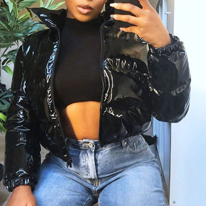 Women's Gloss Finish Puffer Bomber Jacket with Stand Collar Contemporary Streetwear Outerwear