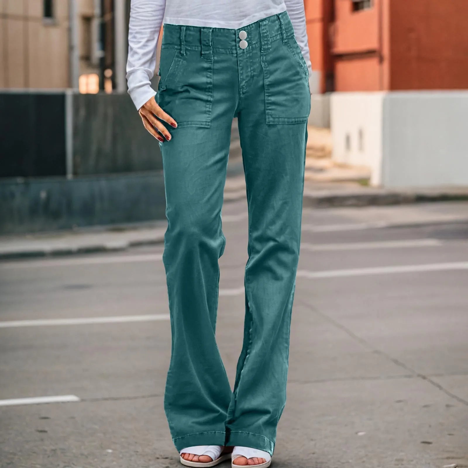 Women's High Rise Wide Leg Light Wash Denim Jeans with Double Button Waist Design